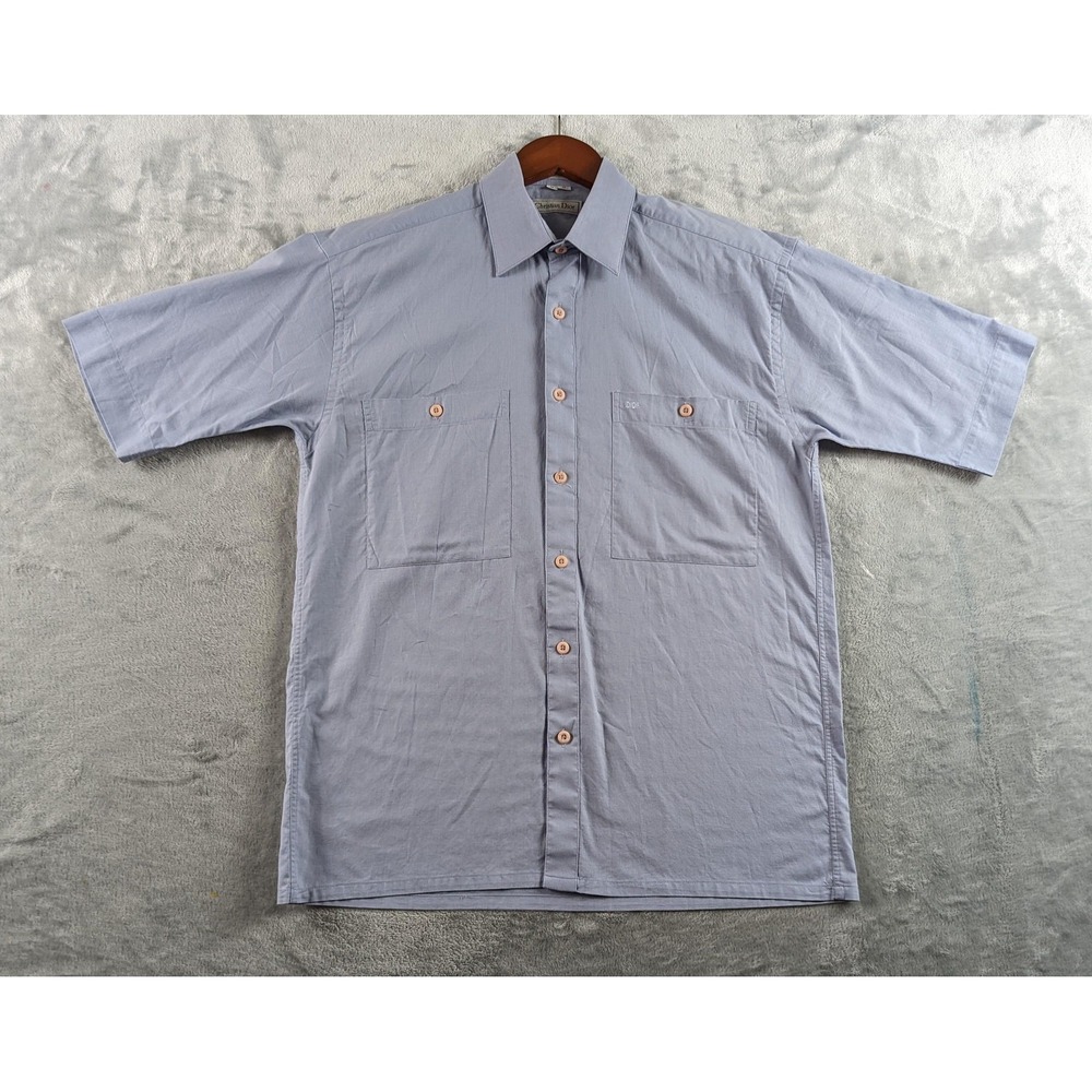 VTG Christian Dior Shirt Mens Medium Blue Short Sleeve Button Up Pockets READ